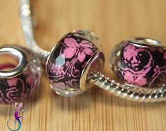 Set of 3 dark pink and black faceted acrylic beads for European bracelet or necklace