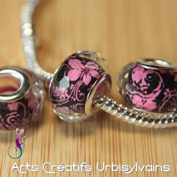 Lot de 3 perles en acrylique facetté rose foncé et noir pour bracelet ou collier européen