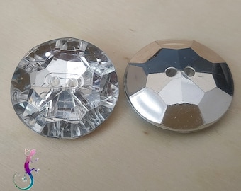 Set of 5 round faceted transparent and silver acrylic buttons 25mm