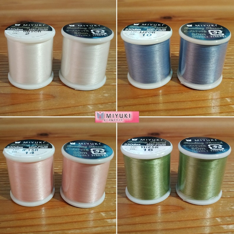 May include: Eight spools of white, blue, pink, and green beading thread. Each spool is labeled "MIYUKI Beading Thread" and has a different color and lot number.