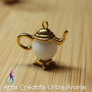 3D teapot charm in gold metal and white ceramic pearl