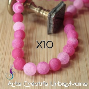 Lot of 10 round beads in pink tinted agate with frosted appearance "Fire dragon" 8mm
