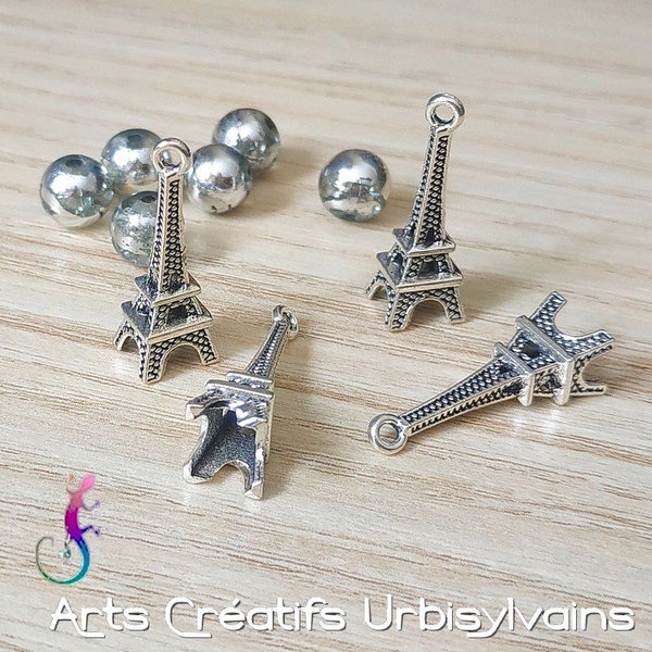 Lot de 4 pendentifs Tour Eiffel 3D en métal argenté antique 23x9x9mm