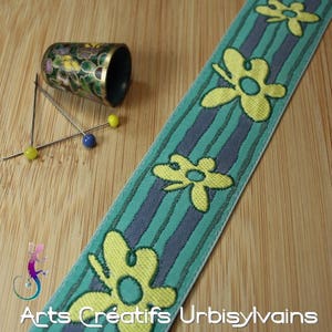 Galon decoration flowers turquoise, blue and green width 2.8cm woven in France