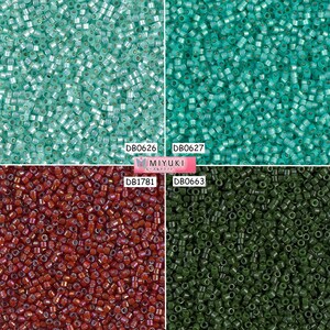 May include: Four different colors of seed beads, including turquoise, green, red, and dark green. The beads are arranged in a grid pattern. The image includes the text "MIYUKI ビーズ＆クラフト" and the product codes "DB0626", "DB0627", "DB1781", and "DB0663".