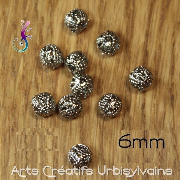 Lot de 30 perles intercalaires filigranes en métal argenté antique 6mm