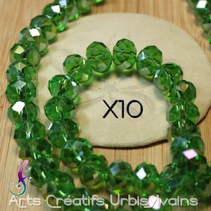 Set of 10 round faceted pearls in green crystal 10x7mm