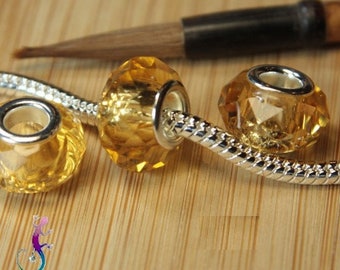 Lot de 3 perles en verre facetté jaune pour collier ou bracelet européen