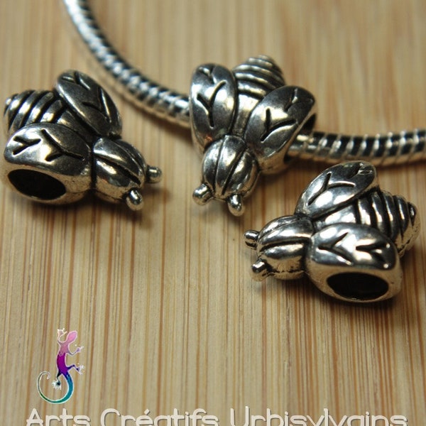Lot de 2 perles abeille en métal argenté pour bracelet ou collier européen