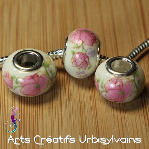 Lot de 3 perles en céramique décor fleurs rose pour bracelet ou collier européen