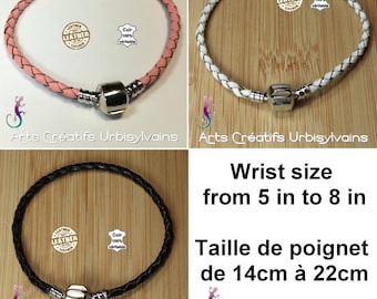 Bracelet européen en cordon de cuir véritable tressé rose, blanc ou noir