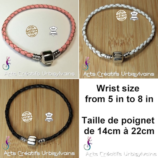 Bracelet européen en cordon de cuir véritable tressé rose, blanc ou noir