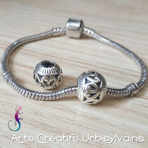 Lot of 2 openwork round beads in silver metal for European bracelet or necklace