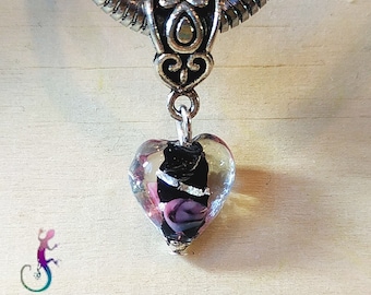 Chased bail in silver metal and heart bead in black murano glass with silver thread for European bracelet or necklace