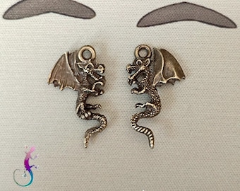 Set of 4 3D metal dragon charms in bronze metal 26x15mm