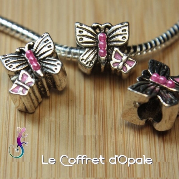 Lot de 2 perles papillon en métal argenté pour bracelet ou collier européen