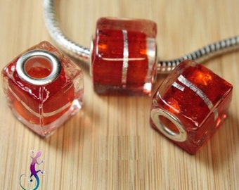 Set van 2 kubieke oranje lampwork glaskralen voor Europese armband of ketting