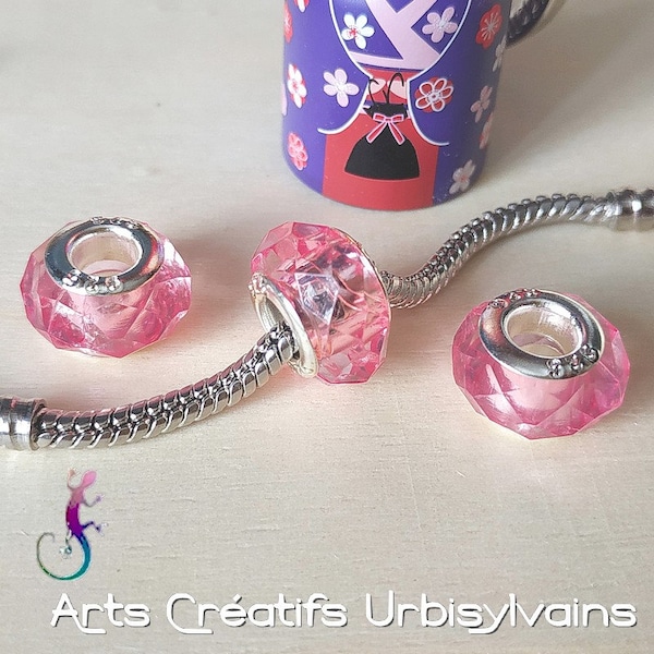 Lot de 3 perles en acrylique facetté rose pour bracelet ou collier européen