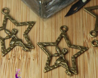 Set of 4 star charms with fairy in bronze metal 25x28mm