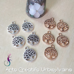 Set of 5 tree medal pendants in antique silver or gold metal 13x11mm