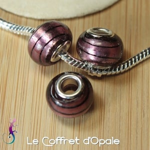 Set of 2 purple murano lampwork glass beads with silver leaf for European bracelet or necklace