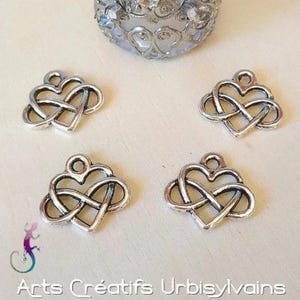 Set of 5 heart and infinity pendants in antique silver metal 14x15mm