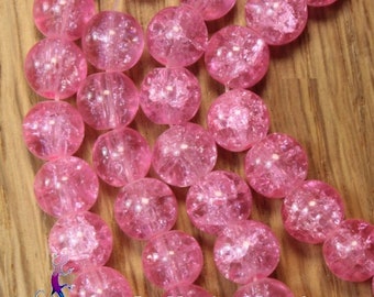 Lot de 30 perles rondes en verre craquelé rose  8mm