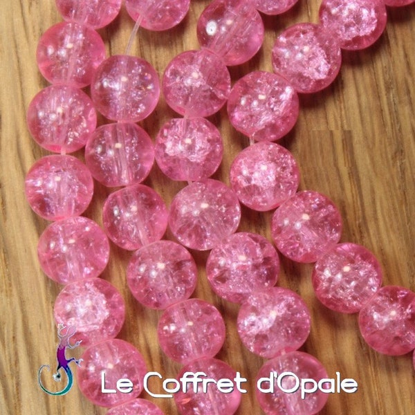 Lot de 30 perles rondes en verre craquelé rose  8mm