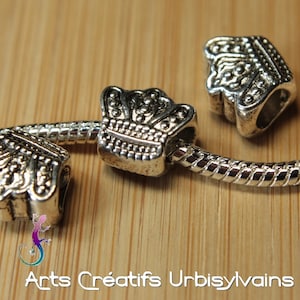 Set of 2 silver metal crown beads for European bracelet or necklace