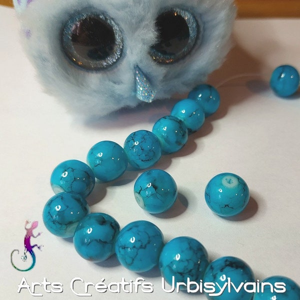 Lot de 15 perles en verre turquoise marbré de noir 10mm