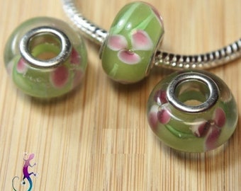 Lot de 3 perles en verre lampwork murano vert clair et rose pour bracelet ou collier européen