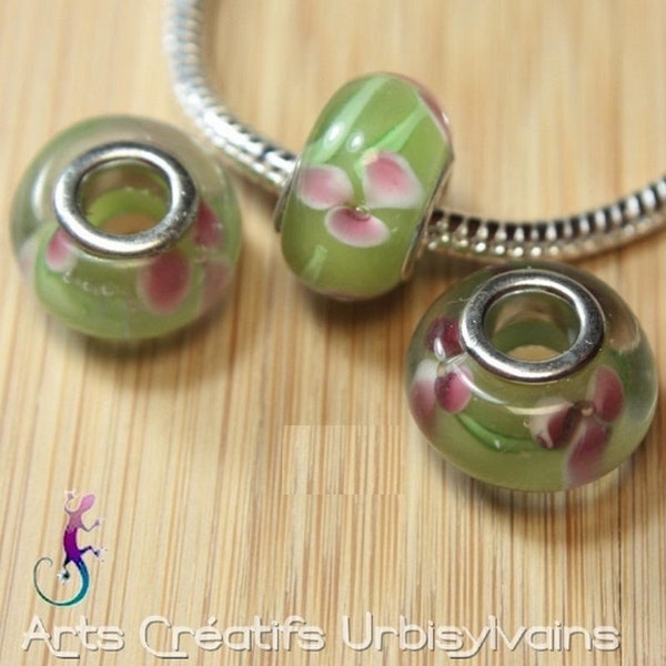 Lot de 3 perles en verre lampwork murano vert clair et rose pour bracelet ou collier européen