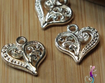 Lot de 5 pendentifs cœur ajouré vintage en métal plaqué argent 13x14mm