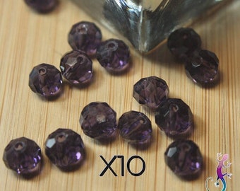 Lot de 10 perles rondes en verre facetté violet 8x6mm