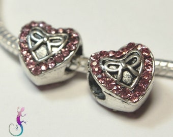 Perle cœur en métal argenté avec strass rose pour bracelet ou collier européen