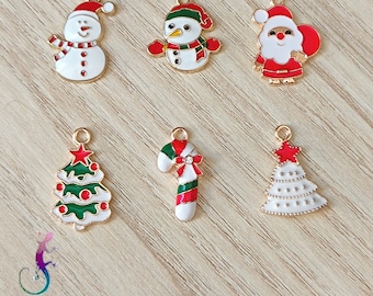 Set of 6 Christmas charms in cloisonné enamel and gold metal 23x15mm