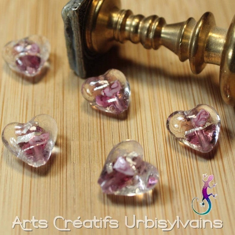 Set di 2 perle cuore in vetro di murano rosa e argento 12x12mm immagine 1