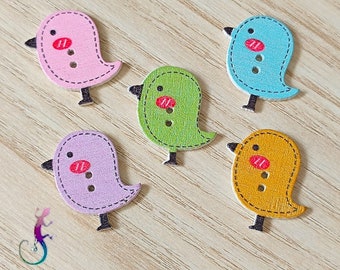 Set of 4 natural wooden buttons in the shape of birds 26x23mm