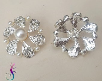 Set of 2 round silver metal buttons with white rhinestones and artificial white pearls 28mm