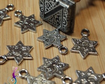 Set of 6 star charms in silver metal 19x13mm