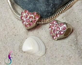 Silver metal heart bead with pink rhinestones for European bracelet or necklace