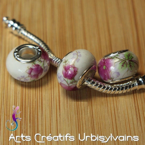 Lot de 3 perles en céramique décor fleur rose foncé, vert et blanc pour bracelet ou collier européen
