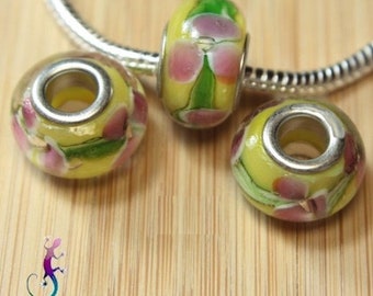 Lot de 3 perles en verre lampwork murano jaune, rose et vert pour bracelet ou collier européen