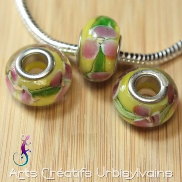 Set of 3 yellow, pink and green murano lampwork glass beads for European bracelet or necklace