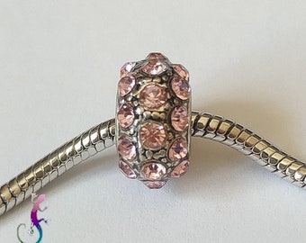 Perle en métal argenté avec strass rose pour bracelet ou collier européen