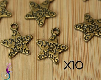 Set of 10 "Just for you" star charms in bronze metal 14x12mm