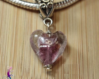 Chiseled bail in silver metal and dark pink murano glass heart bead and silver wire for European bracelet or necklace