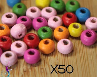 Lot de 50 perles en bois rondes couleurs en mélange en 6mm