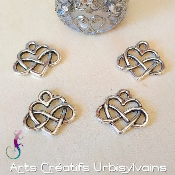 Lot de 4  pendentifs coeur et infini en métal argenté antique 14x15mm