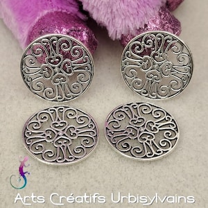 Set of 4 round medieval style spacer connectors in antique silver metal 28mm